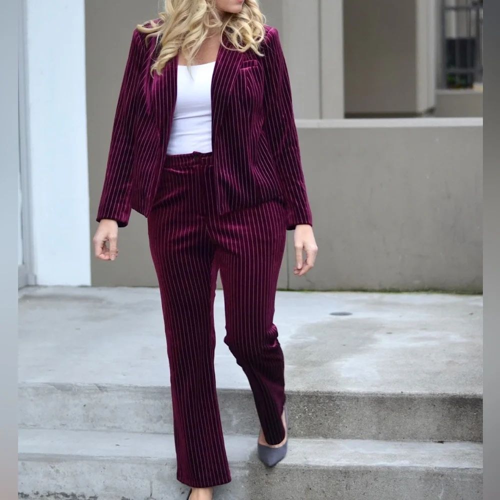 *Leith Burgundy Velvet Pinstripe Blazer Suit *